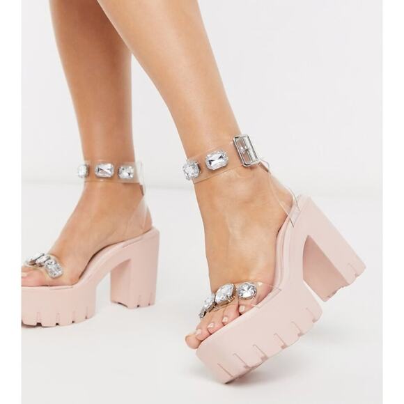 ASOS Light Pink Chunky Heel Sandals w PVC and Rhinestones Sz 6 Adjustable Strap - Picture 1 of 12